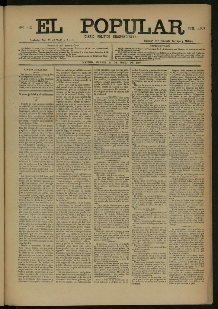 Miniatura de El Popular: diario independiente, político, literario y de noticias de interés general del 21 de junio de 1887, nº 8903