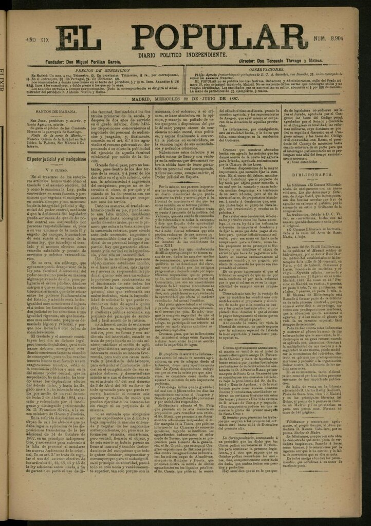 Miniatura de El Popular: diario independiente, político, literario y de noticias de interés general del 22 de junio de 1887, nº 8904