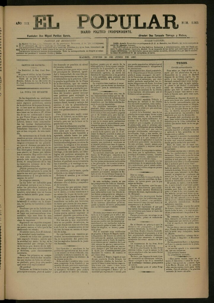 Miniatura de El Popular: diario independiente, político, literario y de noticias de interés general del 23 de junio de 1887, nº 8905