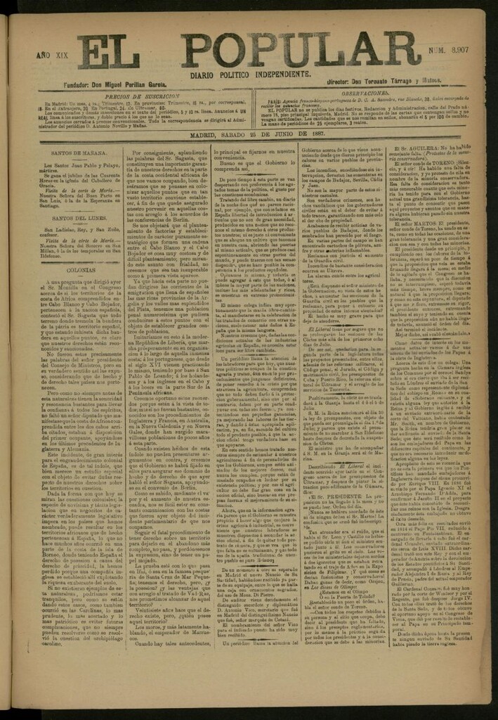 Miniatura de El Popular: diario independiente, político, literario y de noticias de interés general del 25 de junio de 1887, nº 8907