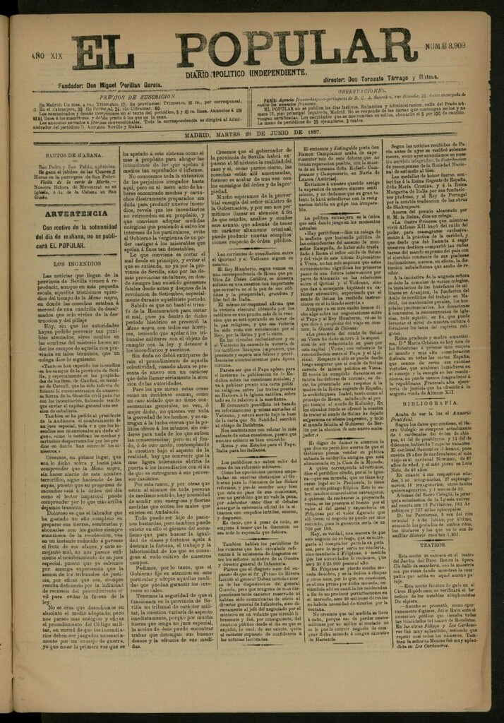 Miniatura de El Popular: diario independiente, político, literario y de noticias de interés general del 28 de junio de 1887, nº 8909