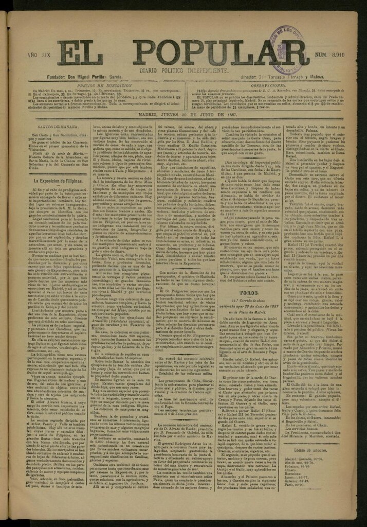 Miniatura de El Popular: diario independiente, político, literario y de noticias de interés general del 30 de junio de 1887, nº 8910