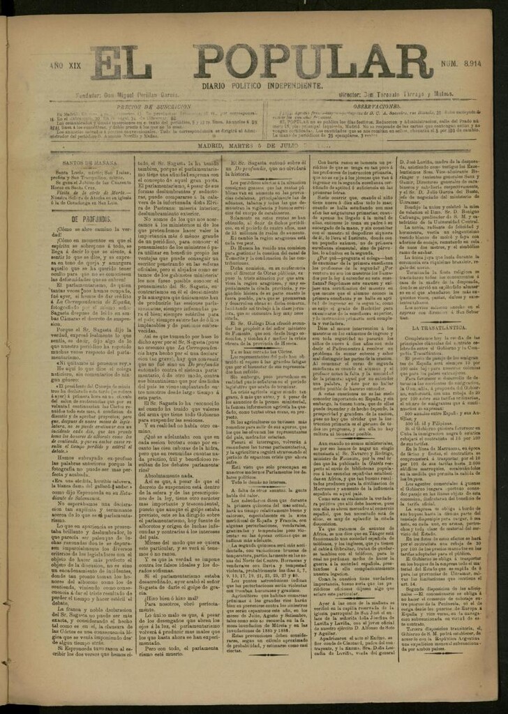 Miniatura de El Popular: diario independiente, político, literario y de noticias de interés general del 5 de julio de 1887, nº 8914