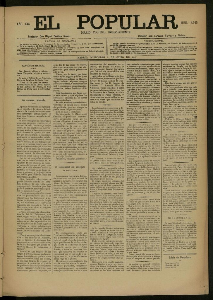 Miniatura de El Popular: diario independiente, político, literario y de noticias de interés general del 6 de julio de 1887, nº 8915