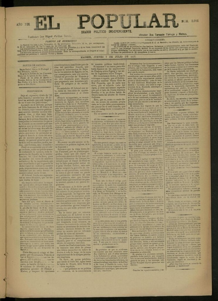 Miniatura de El Popular: diario independiente, político, literario y de noticias de interés general del 7 de julio de 1887, nº 8916