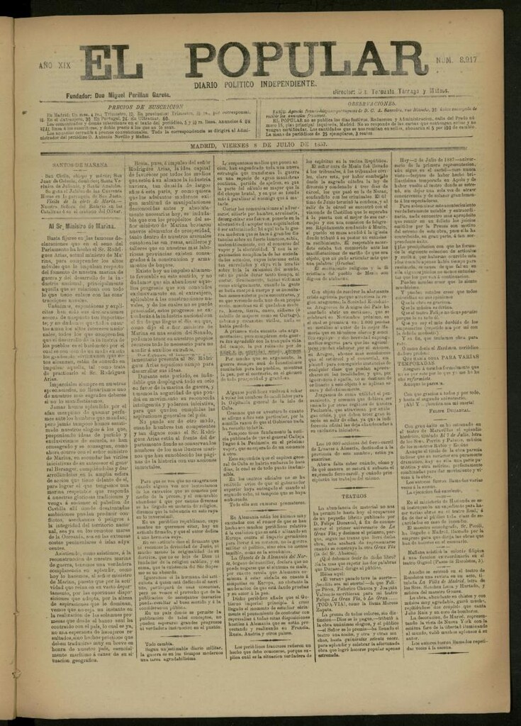 Miniatura de El Popular: diario independiente, político, literario y de noticias de interés general del 8 de julio de 1887, nº 8917
