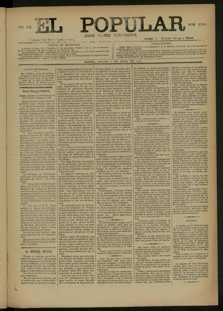Miniatura de El Popular: diario independiente, político, literario y de noticias de interés general del 9 de julio de 1887, nº 8918