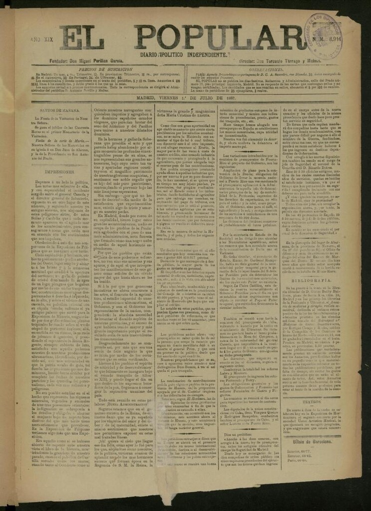 Miniatura de El Popular: diario independiente, político, literario y de noticias de interés general del 1 de julio de 1887, nº 8911