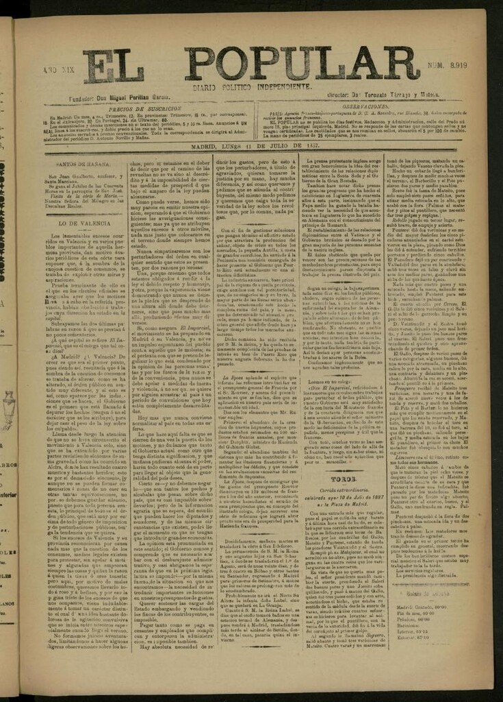 Miniatura de El Popular: diario independiente, político, literario y de noticias de interés general del 11 de julio de 1887, nº 8919