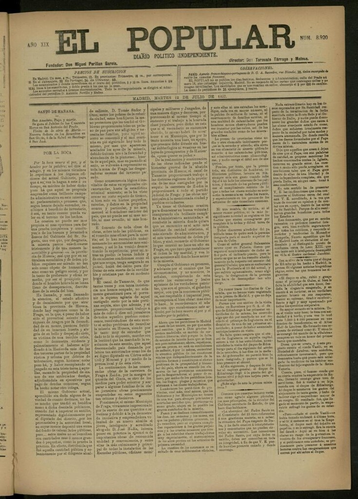 Miniatura de El Popular: diario independiente, político, literario y de noticias de interés general del 12 de julio de 1887, nº 8920