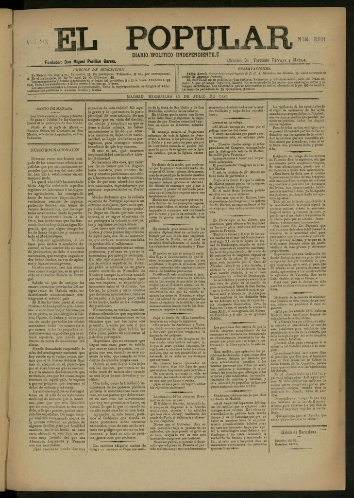 Miniatura de El Popular: diario independiente, político, literario y de noticias de interés general del 13 de julio de 1887, nº 8921
