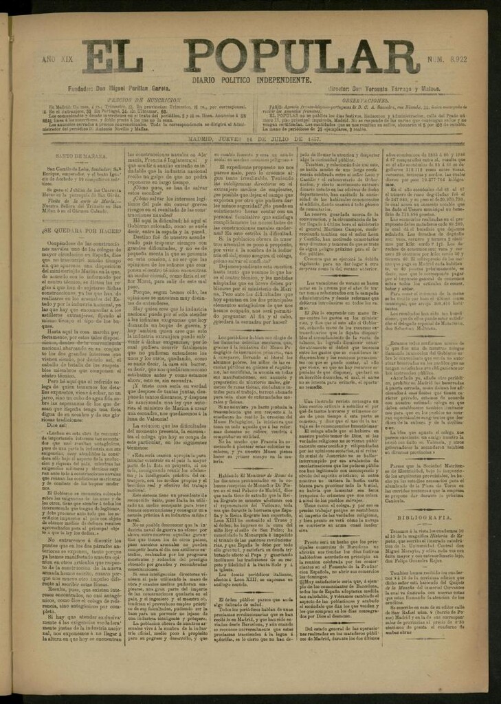 Miniatura de El Popular: diario independiente, político, literario y de noticias de interés general del 14 de julio de 1887, nº 8922