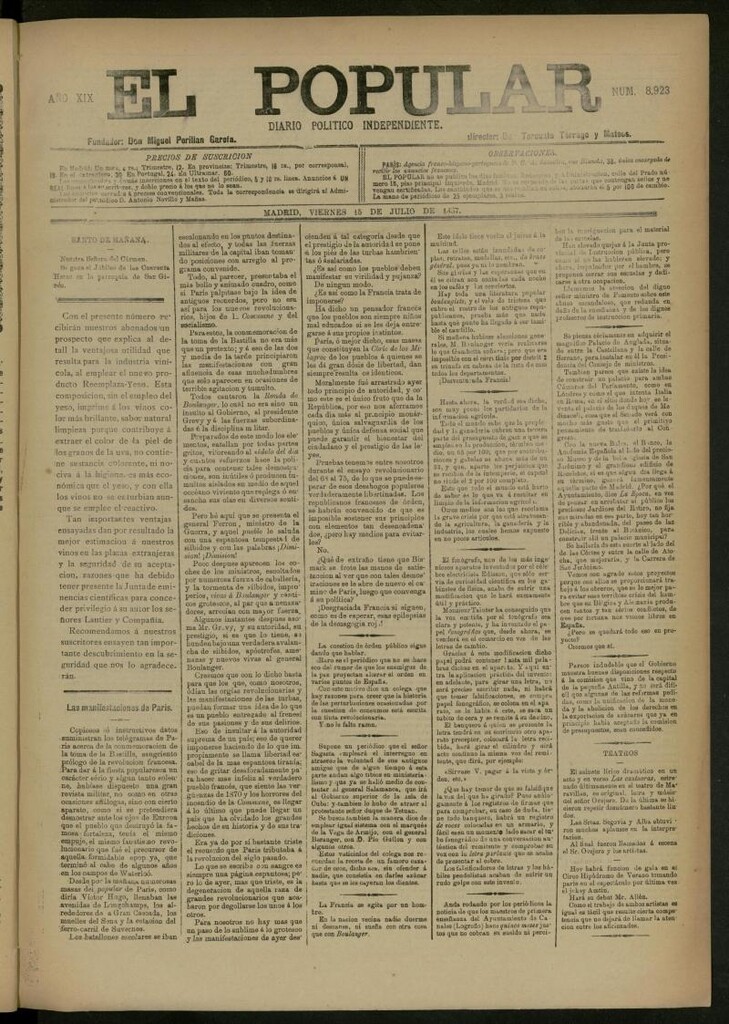 Miniatura de El Popular: diario independiente, político, literario y de noticias de interés general del 15 de julio de 1887, nº 8923