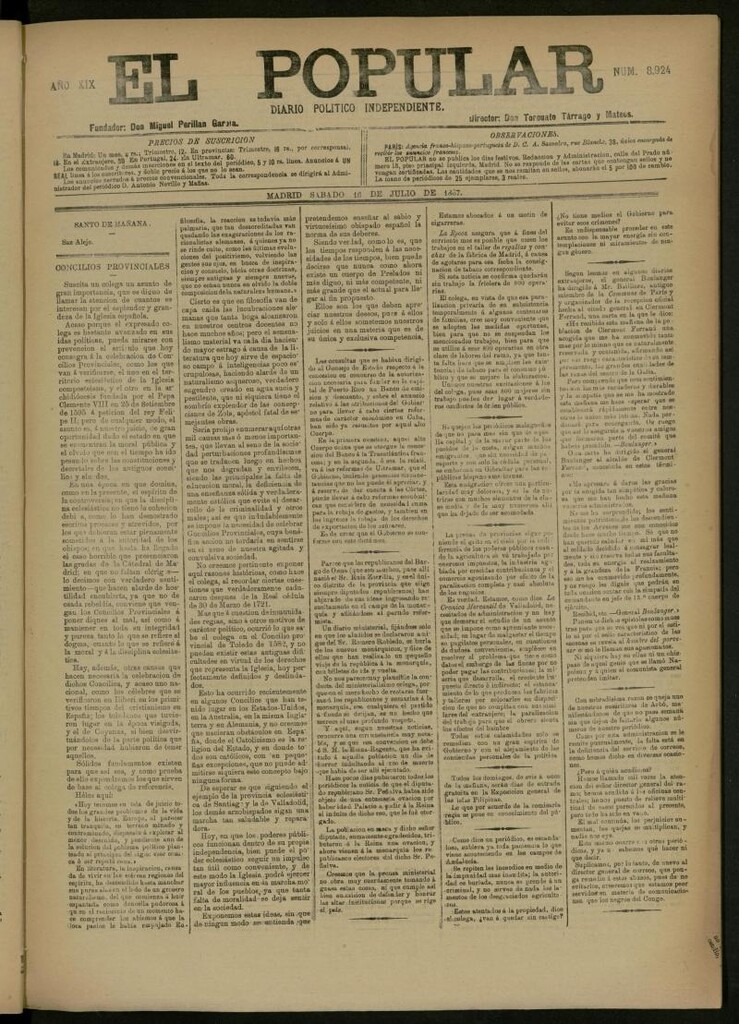 Miniatura de El Popular: diario independiente, político, literario y de noticias de interés general del 16 de julio de 1887, nº 8924