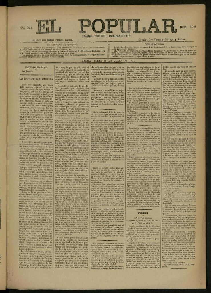Miniatura de El Popular: diario independiente, político, literario y de noticias de interés general del 18 de julio de 1887, nº 8925