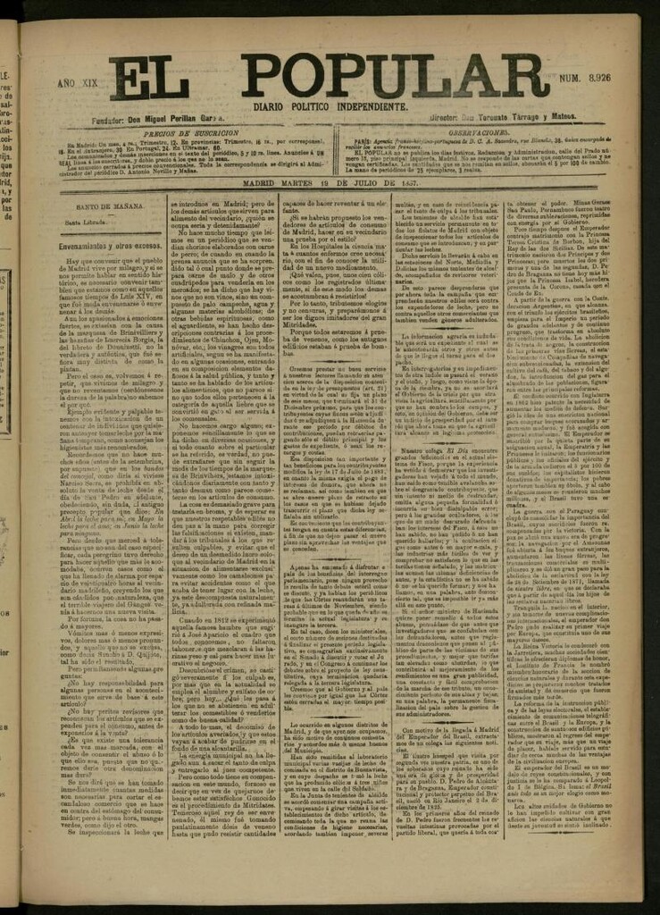 Miniatura de El Popular: diario independiente, político, literario y de noticias de interés general del 19 de julio de 1887, nº 8926