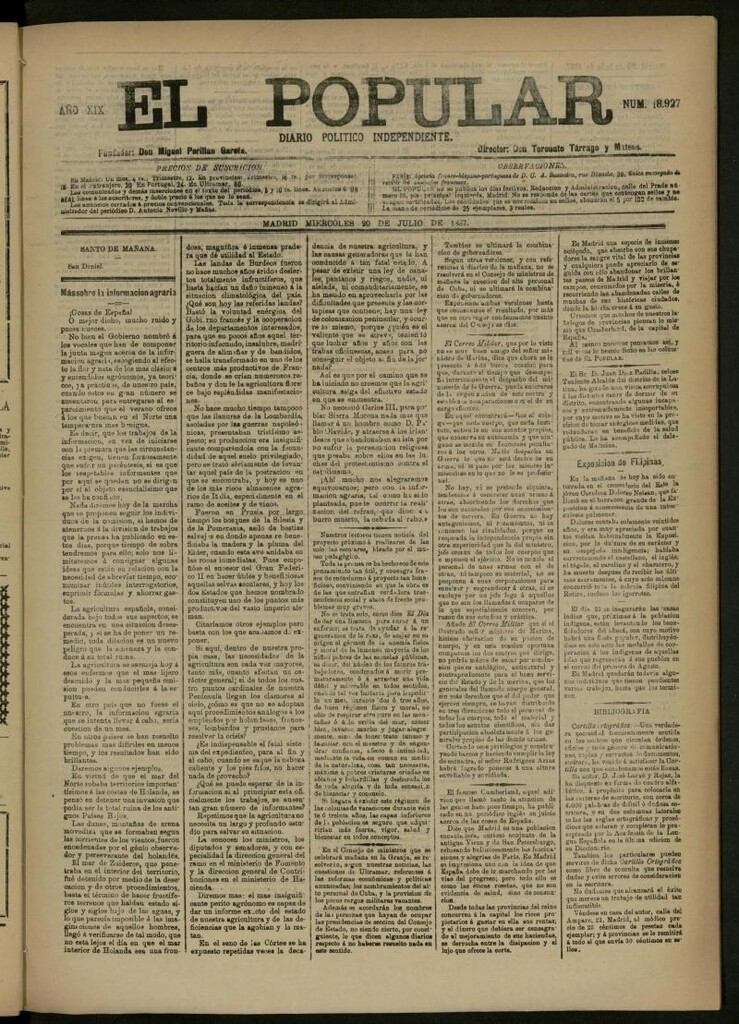 Miniatura de El Popular: diario independiente, político, literario y de noticias de interés general del 20 de julio de 1887, nº 8927