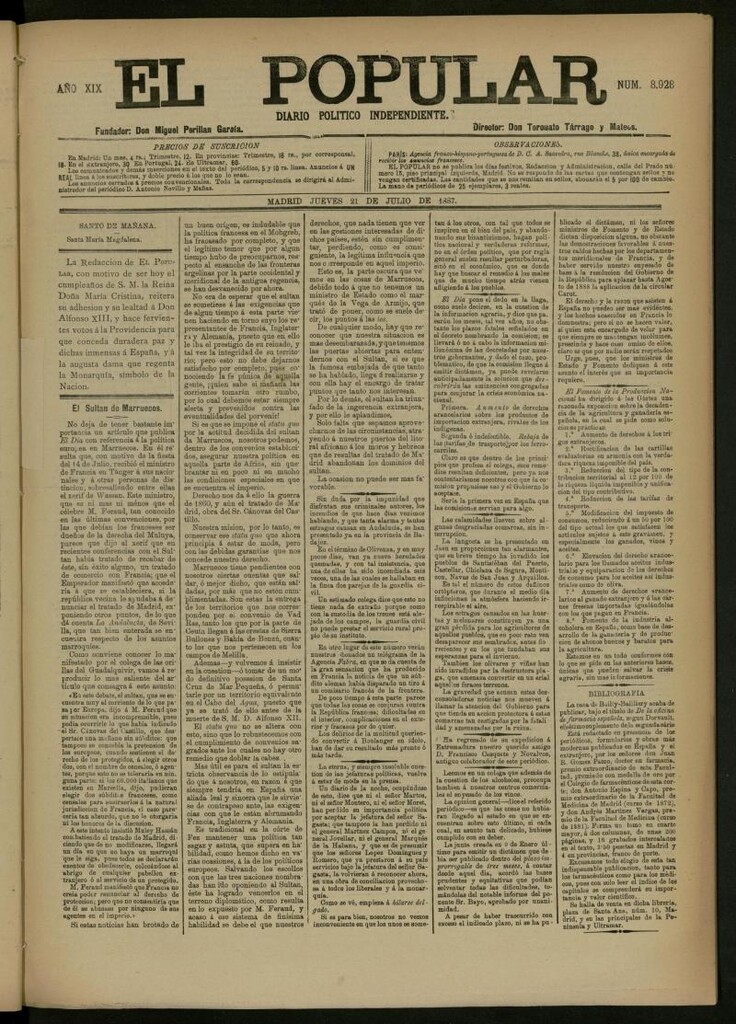 Miniatura de El Popular: diario independiente, político, literario y de noticias de interés general del 21 de julio de 1887, nº 8928