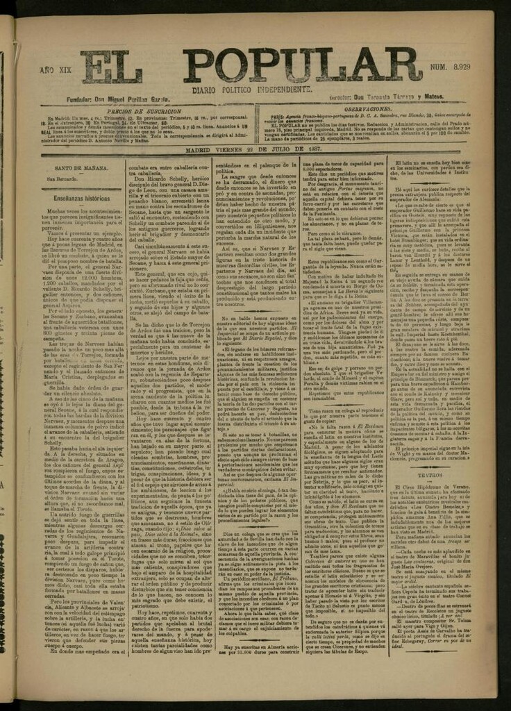 Miniatura de El Popular: diario independiente, político, literario y de noticias de interés general del 22 de julio de 1887, nº 8929