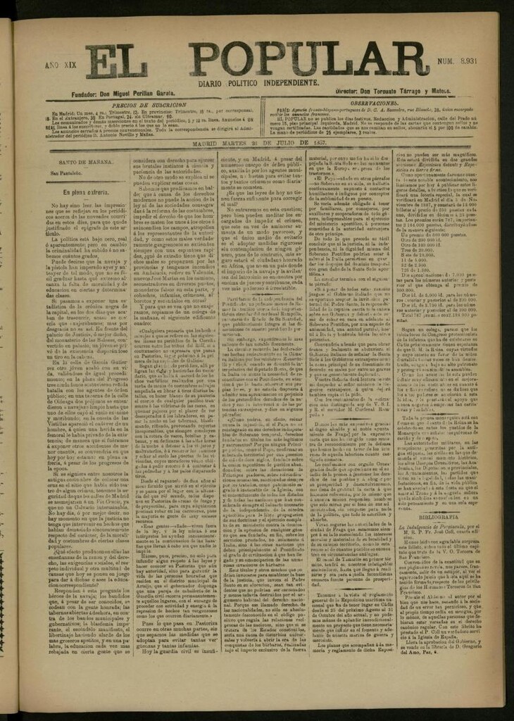 Miniatura de El Popular: diario independiente, político, literario y de noticias de interés general del 26 de julio de 1887, nº 8931