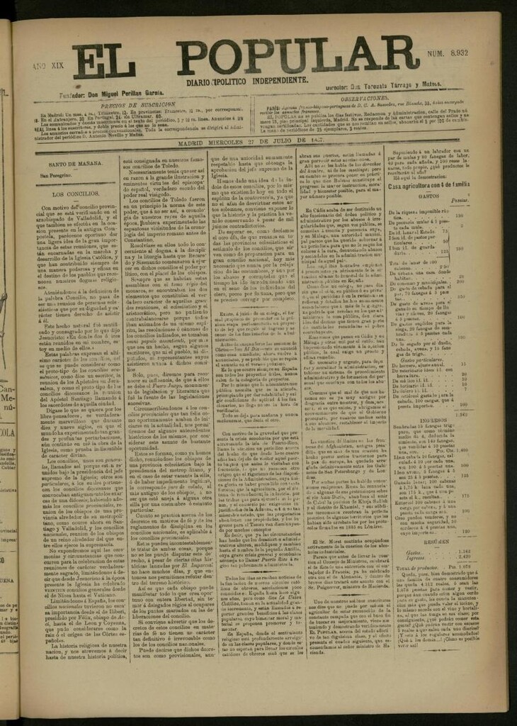 Miniatura de El Popular: diario independiente, político, literario y de noticias de interés general del 27 de julio de 1887, nº 8932