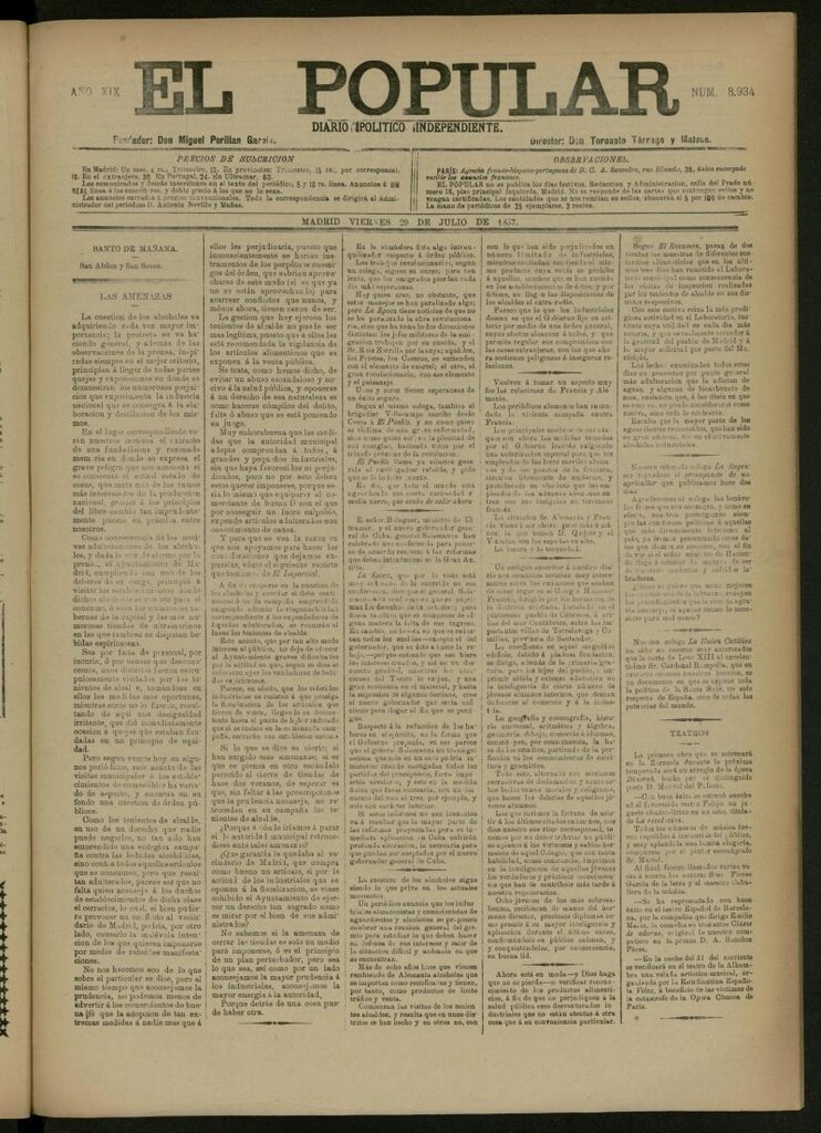 Miniatura de El Popular: diario independiente, político, literario y de noticias de interés general del 29 de julio de 1887, nº 8934