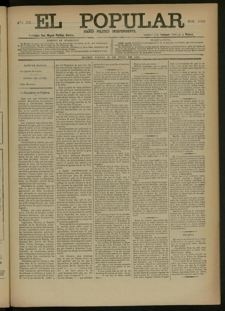Miniatura de El Popular: diario independiente, político, literario y de noticias de interés general del 30 de julio de 1887, nº 8935