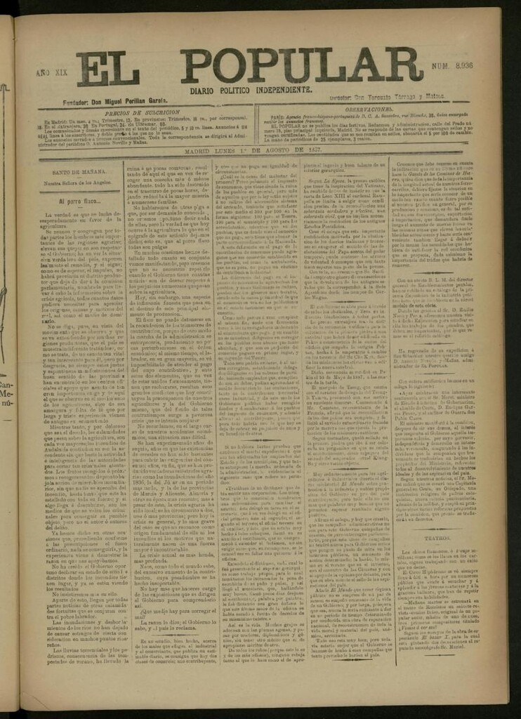 Miniatura de El Popular: diario independiente, político, literario y de noticias de interés general del 1 de agosto de 1887, nº 8936