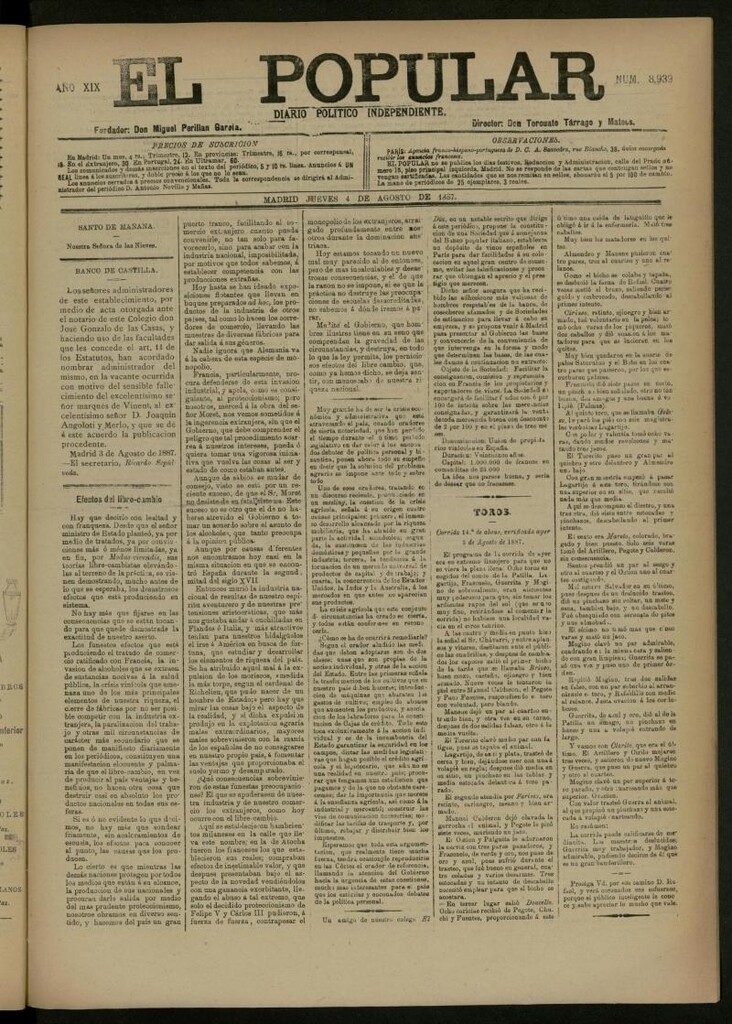 Miniatura de El Popular: diario independiente, político, literario y de noticias de interés general del 4 de agosto de 1887, nº 8939