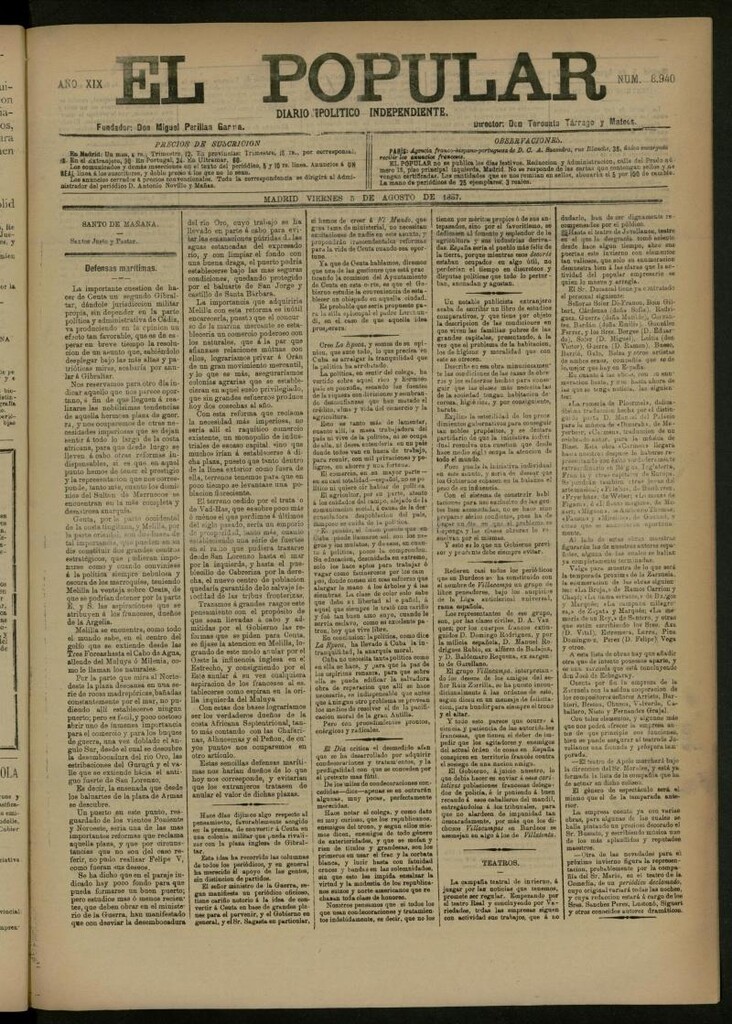 Miniatura de El Popular: diario independiente, político, literario y de noticias de interés general del 5 de agosto de 1887, nº 8940
