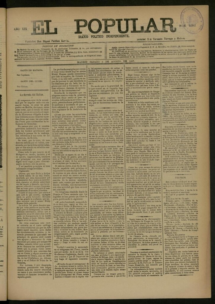 Miniatura de El Popular: diario independiente, político, literario y de noticias de interés general del 6 de agosto de 1887, nº 8941