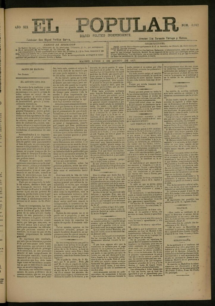 Miniatura de El Popular: diario independiente, político, literario y de noticias de interés general del 8 de agosto de 1887, nº 8942