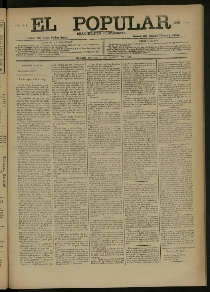 Miniatura de El Popular: diario independiente, político, literario y de noticias de interés general del 9 de agosto de 1887, nº 8943