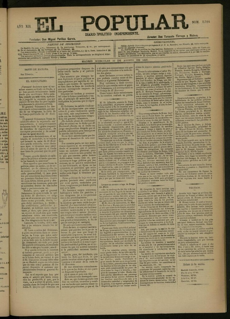 Miniatura de El Popular: diario independiente, político, literario y de noticias de interés general del 10 de agosto de 1887, nº 8944
