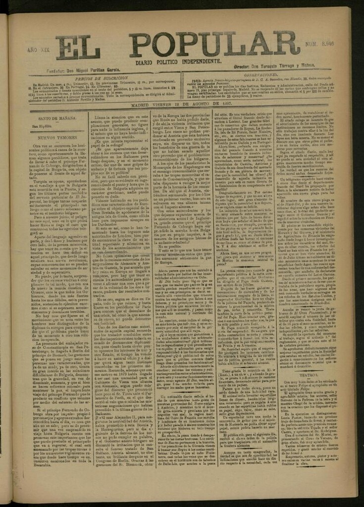 Miniatura de El Popular: diario independiente, político, literario y de noticias de interés general del 12 de agosto de 1887, nº 8946