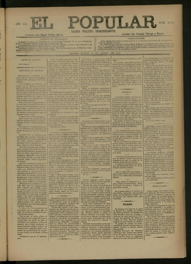 Miniatura de El Popular: diario independiente, político, literario y de noticias de interés general del 16 de agosto de 1887, nº 8948
