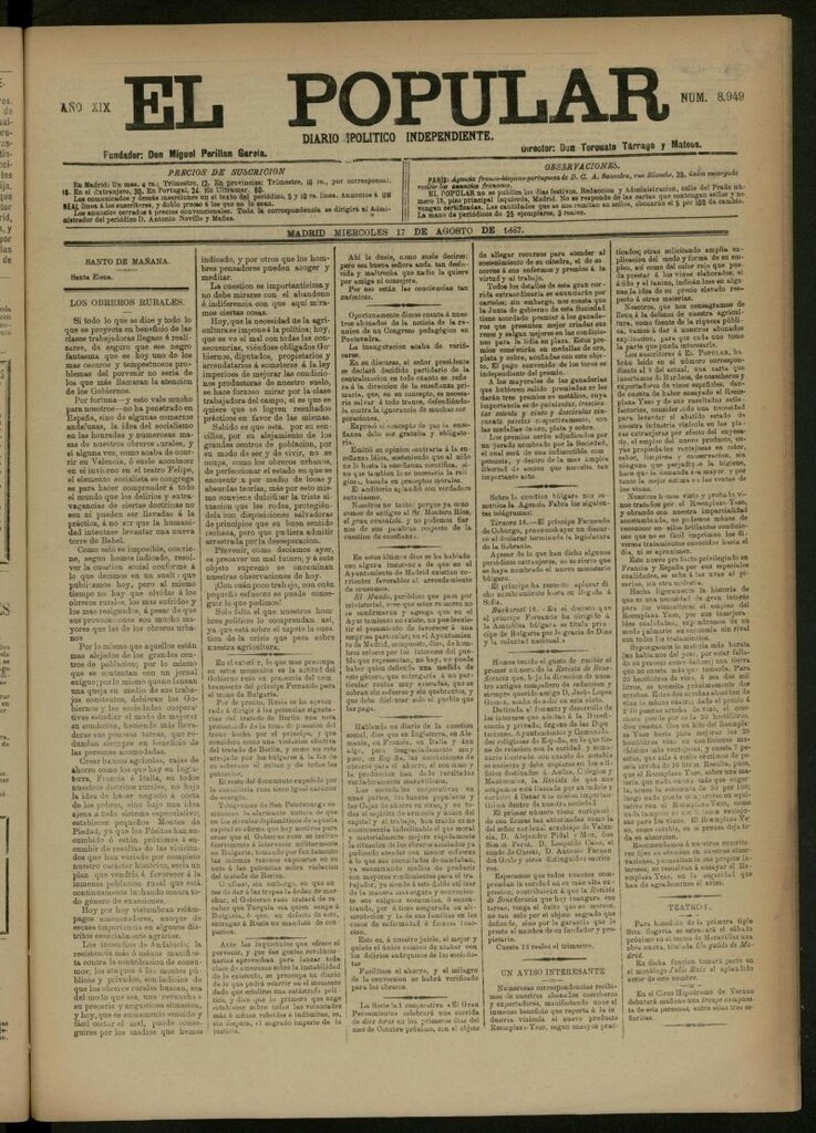 Miniatura de El Popular: diario independiente, político, literario y de noticias de interés general del 17 de agosto de 1887, nº 8949