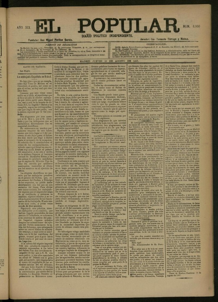 Miniatura de El Popular: diario independiente, político, literario y de noticias de interés general del 18 de agosto de 1887, nº 8950