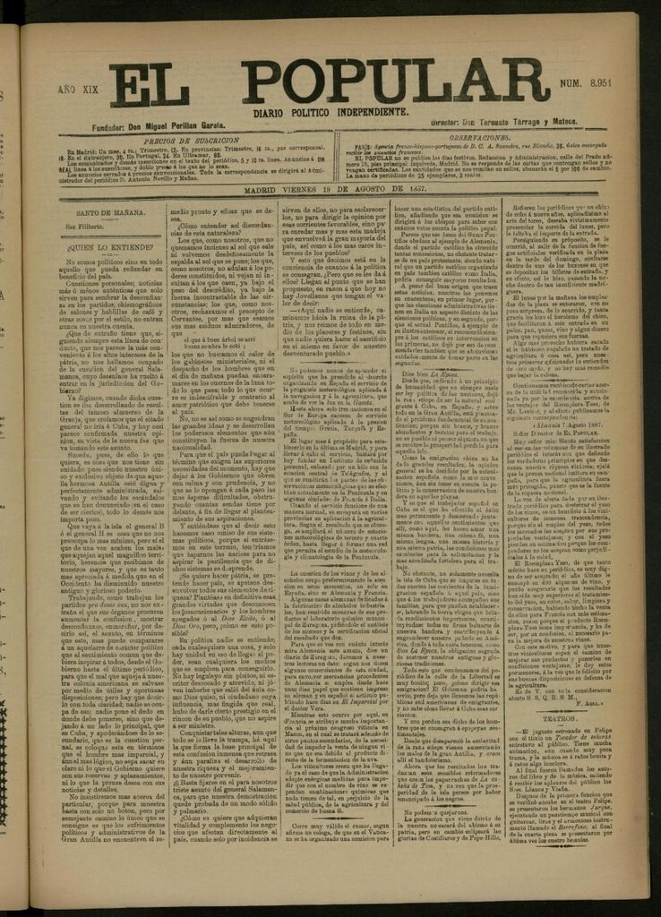 Miniatura de El Popular: diario independiente, político, literario y de noticias de interés general del 19 de agosto de 1887, nº 8951