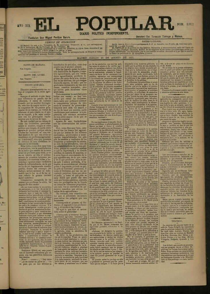Miniatura de El Popular: diario independiente, político, literario y de noticias de interés general del 20 de agosto de 1887, nº 8952