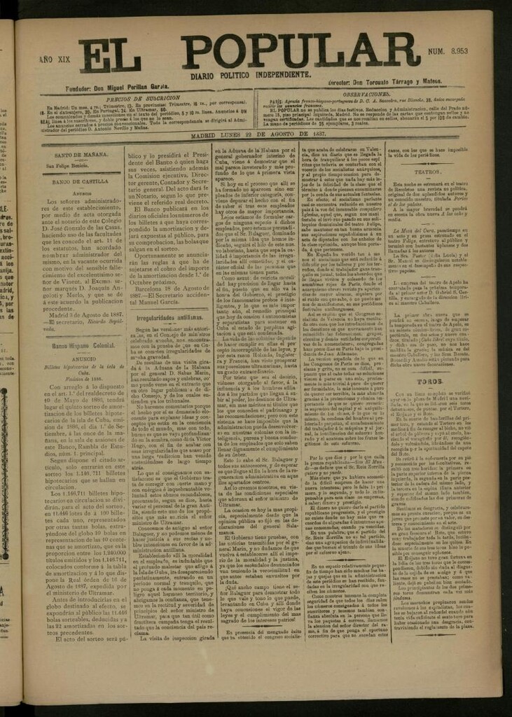 Miniatura de El Popular: diario independiente, político, literario y de noticias de interés general del 22 de agosto de 1887, nº 8953