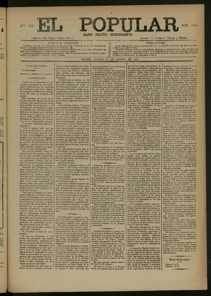Miniatura de El Popular: diario independiente, político, literario y de noticias de interés general del 23 de agosto de 1887, nº 8954