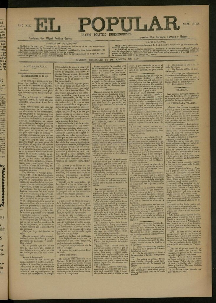 Miniatura de El Popular: diario independiente, político, literario y de noticias de interés general del 24 de agosto de 1887, nº 8955