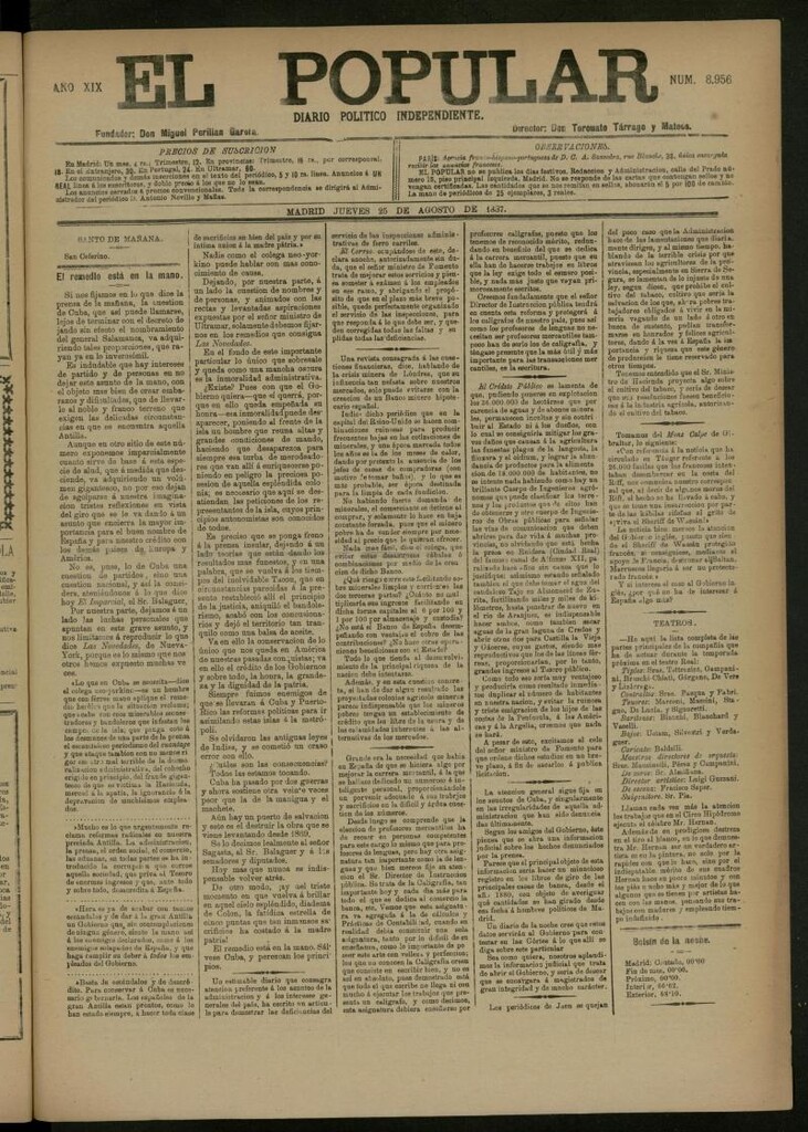 Miniatura de El Popular: diario independiente, político, literario y de noticias de interés general del 25 de agosto de 1887, nº 8956