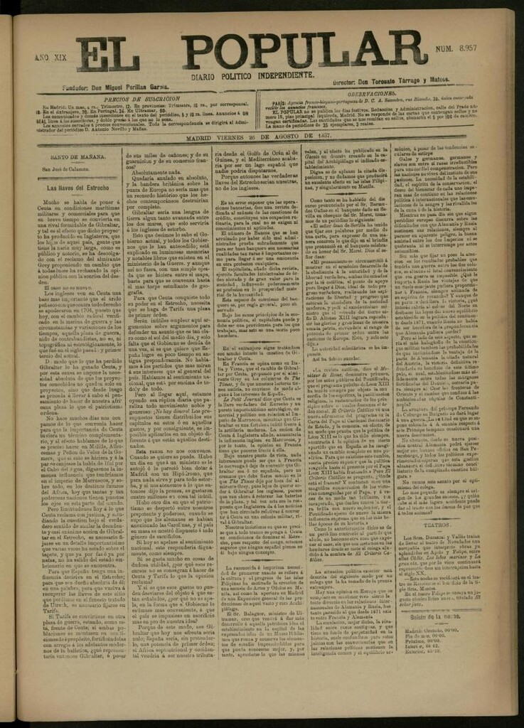 Miniatura de El Popular: diario independiente, político, literario y de noticias de interés general del 26 de agosto de 1887, nº 8957
