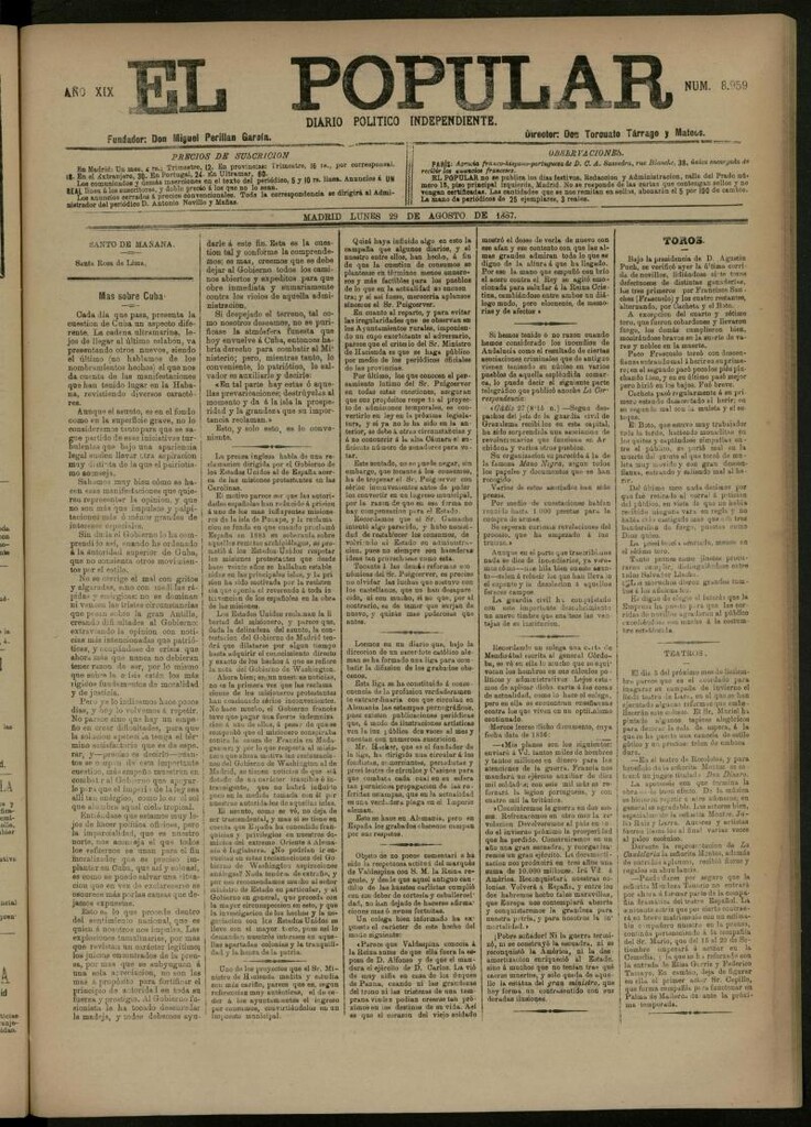 Miniatura de El Popular: diario independiente, político, literario y de noticias de interés general del 29 de agosto de 1887, nº 8959