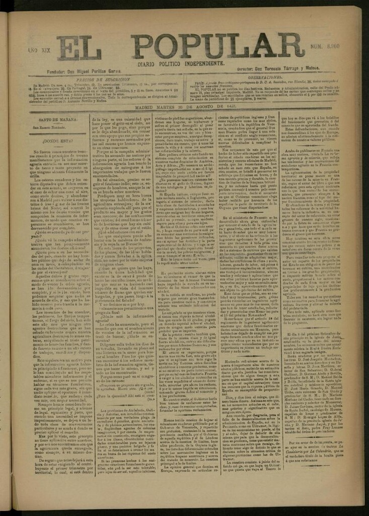 Miniatura de El Popular: diario independiente, político, literario y de noticias de interés general del 30 de agosto de 1887, nº 8960