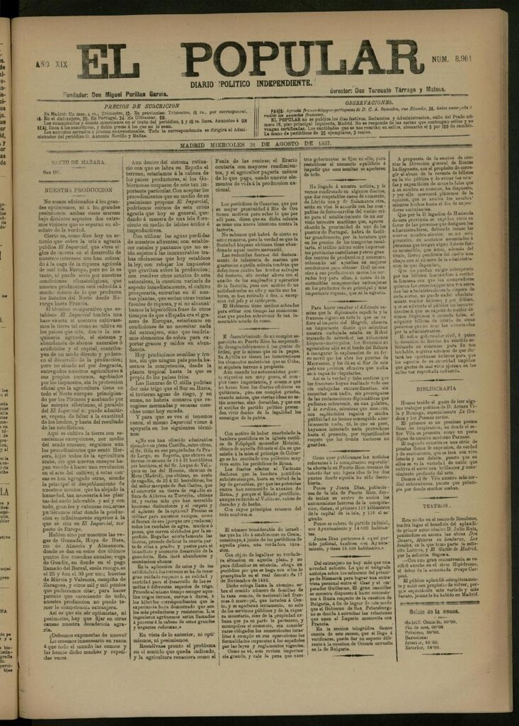 Miniatura de El Popular: diario independiente, político, literario y de noticias de interés general del 31 de agosto de 1887, nº 8961