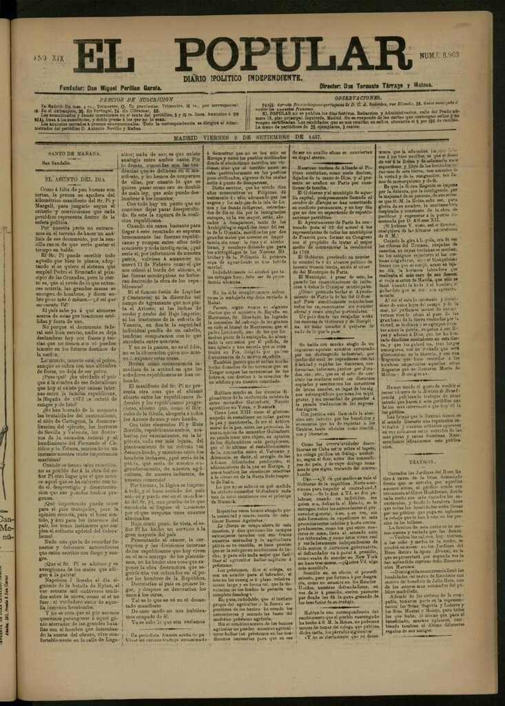 Miniatura de El Popular: diario independiente, político, literario y de noticias de interés general del 2 de septiembre de 1887, nº 8963