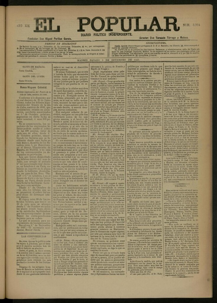 Miniatura de El Popular: diario independiente, político, literario y de noticias de interés general del 3 de septiembre de 1887, nº 8964